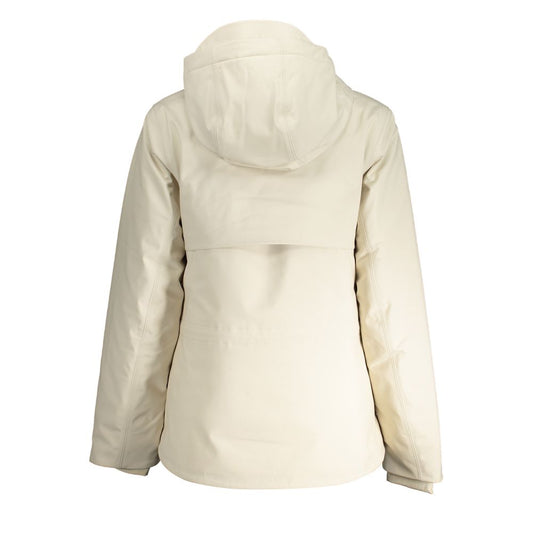 K-WAY Beige Polyester Jackets & Coat with hood, double padding, contrasting details, buttons, and zip viewed from the back.