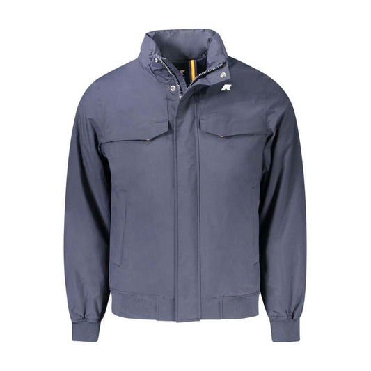 K-WAY Blue Polyamide Men Jacket with long sleeves, padded warmth, removable hood, and multiple pockets showcasing iconic logo.