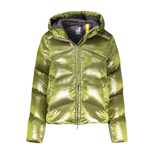 K-WAY Green Polyamide Women Jacket with hood and logo, featuring long sleeves and pockets, perfect for trendy weather-ready style.