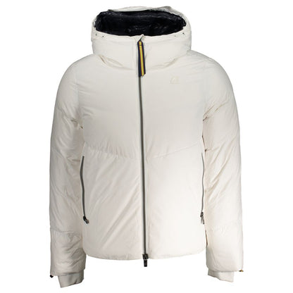 K-WAY White Polyester Men Jacket with goose down and thermo soft touch, featuring branded logo and multiple pockets for style and practicality.