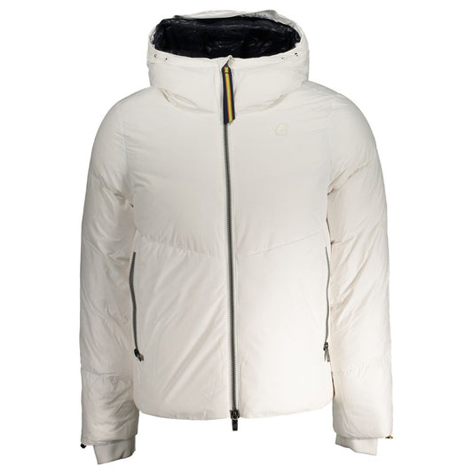K-WAY White Polyester Men Jacket with goose down and thermo soft touch, featuring branded logo and multiple pockets for style and practicality.