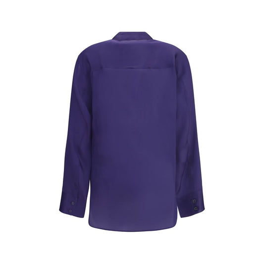 Back view of Khaite Semi-sheer Herschel Top in purple, featuring a classic collar and long sleeves, SS25 collection.
