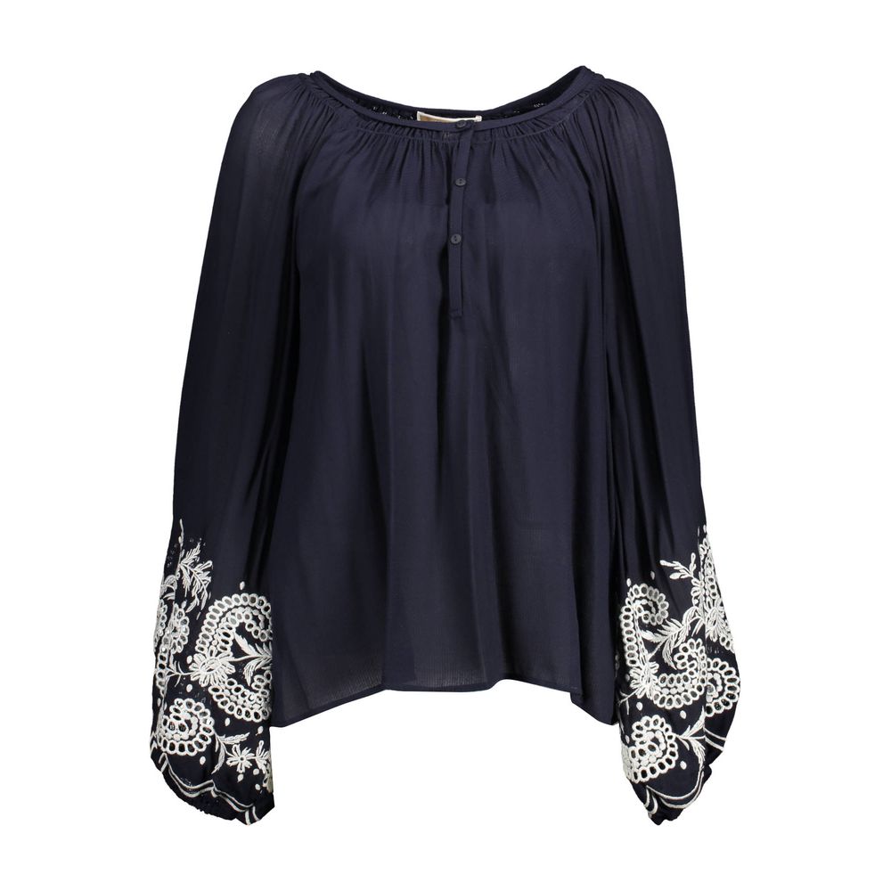Kocca Blue Viscose Shirt with wide neckline, long sleeves, embroidery, and elastic cuffs featuring the Kocca logo.