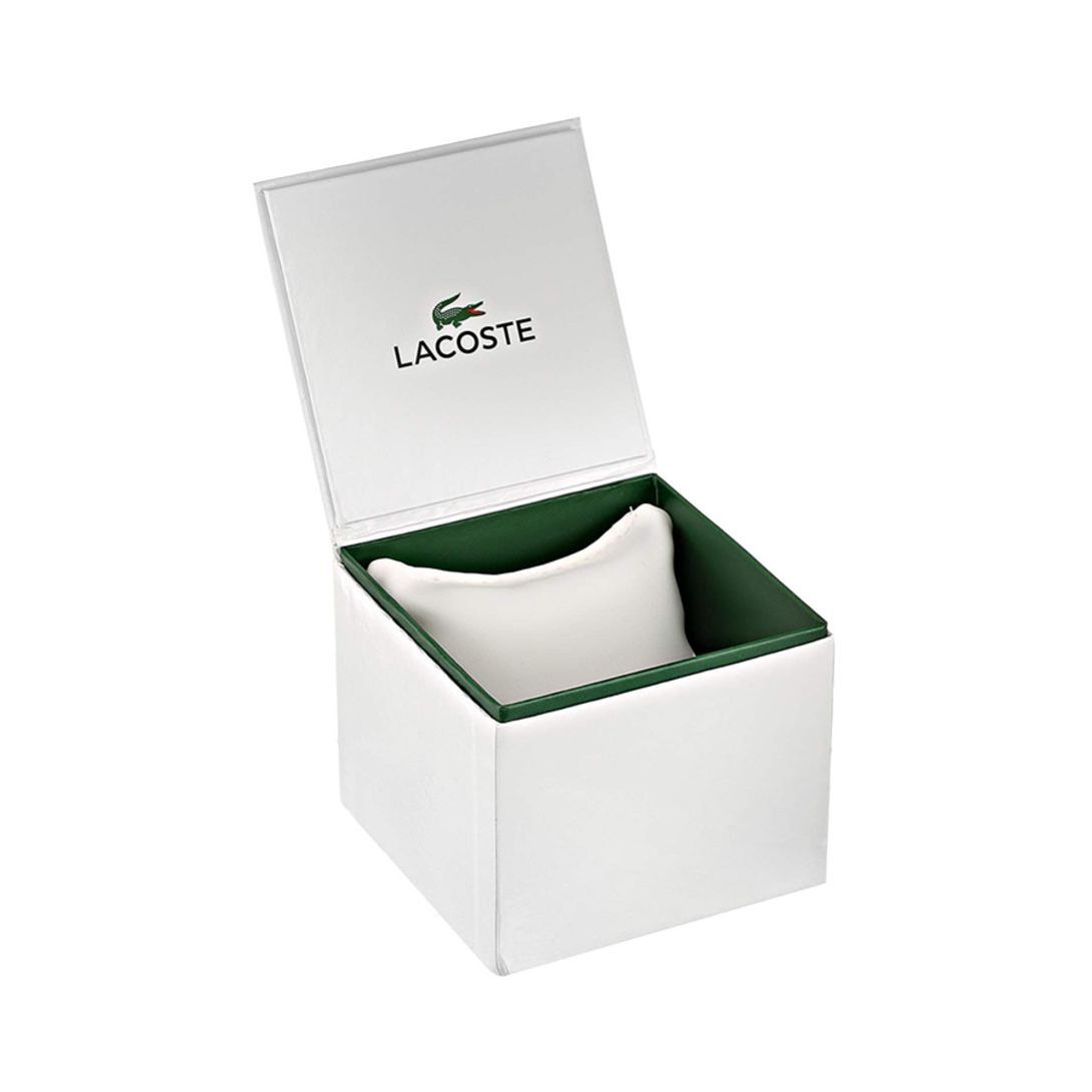 LACOSTE Mod. 2001152 official packaging box open showcasing interior design for ladies' quartz analog bracelet watch.