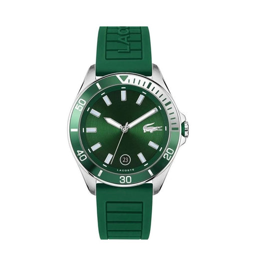 LACOSTE Mod. 2011263 quartz analog gent watch with green dial, 43mm case, 5 ATM water resistance, and official box packaging.