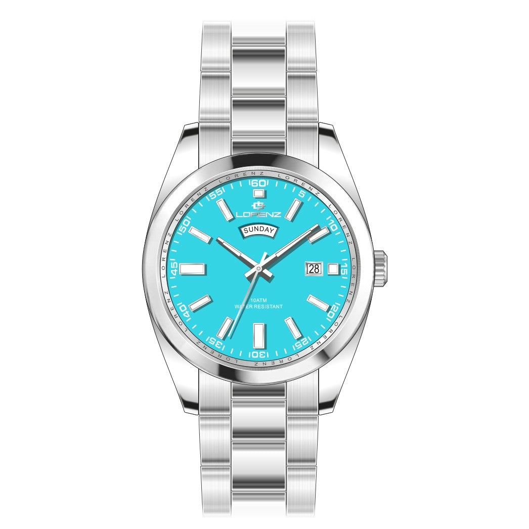 LORENZ MOD. 26208EE stainless steel quartz wristwatch with silver case, mineral dial, and blue face, 42mm water resistant 10 ATM for gent.