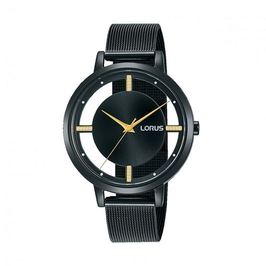 Elegant black LORUS WATCHES Mod. RG205QX9 with gold accents and mesh strap, ideal for stylish wardrobe and punctuality.