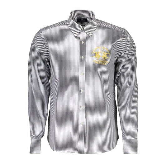 La Martina Blue Cotton Men Shirt with embroidery and button-down collar