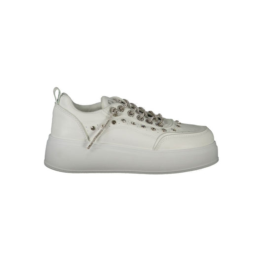 Laura Biagiotti White Polyethylene Women Sneaker with rhinestone details and 4 cm sole showcasing bold sophistication.