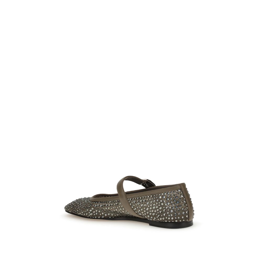 Le Monde Béryl Gray Other Fibres Ballet Flats with metallic beading and adjustable strap, rear view for elegance and comfort.