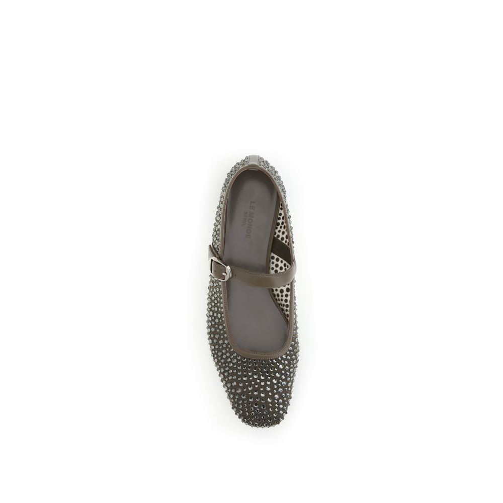 Bird's-eye view of Le Monde Béryl Gray Other Fibres Ballet Flats with metallic beading and adjustable strap.