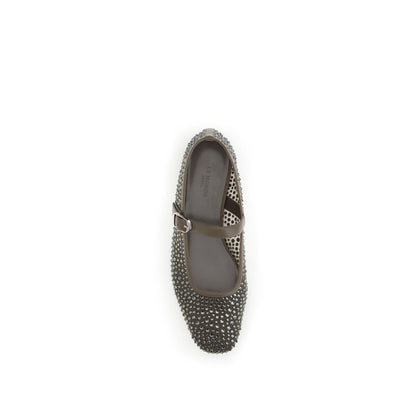 Bird's-eye view of Le Monde Béryl Gray Other Fibres Ballet Flats with metallic beading and adjustable strap.