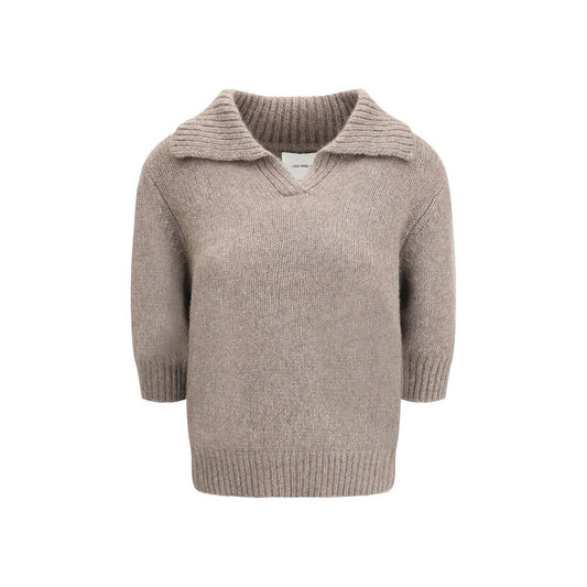 Lisa Yang Lailai Sweater, polo style V-neck, short sleeves, ribbed hem, 77% Kashmir and 23% silk, perfect for casual elegance.