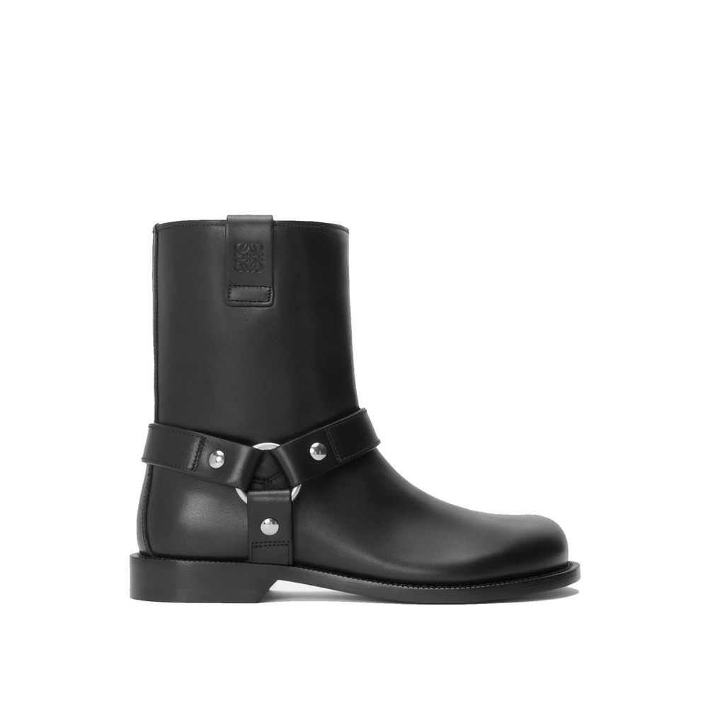 Loewe Black Calfskin Ankle Boots with hardware details, round toe, and leather outsole. Made in Italy, men's fashion. 30mm heel height.