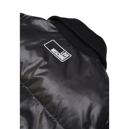 Back view of Love Moschino Black Polyester Clothing showcasing logo detail on puffer jacket.