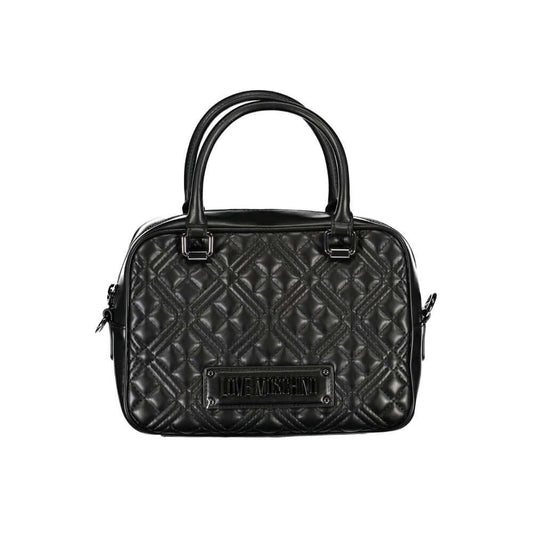 Love Moschino Black Polyethylene Handbag with adjustable strap and logo, featuring 2 handles, internal pockets, and zip closure.