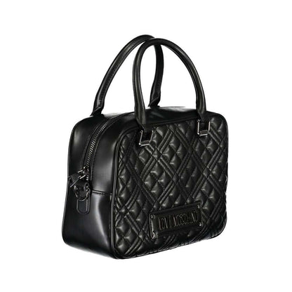 Love Moschino Black Polyethylene Handbag with adjustable strap, zip closure, and logo, showcasing quilted design and contrast details.