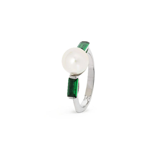 Elegant ring with a pearl and green stones, MAJORICA JEWELRY Mod. 17271.01.2.R19.000.1, on a white background