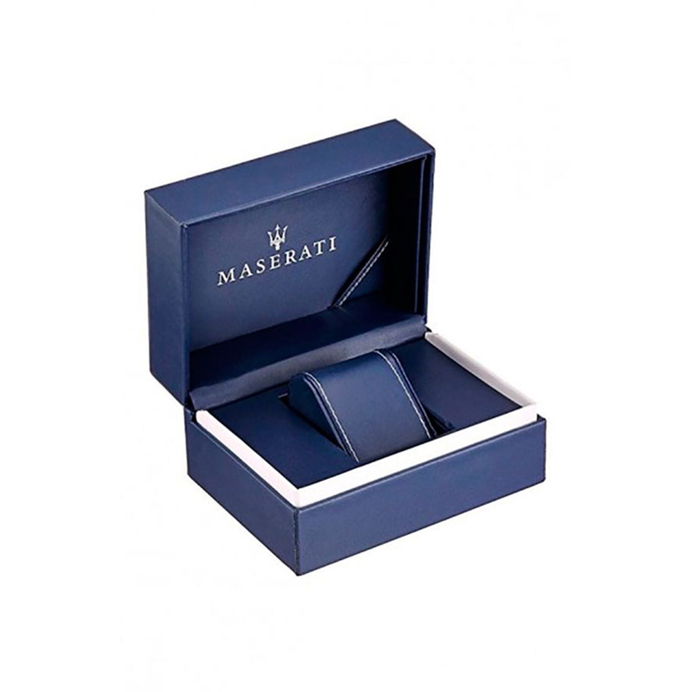Official packaging box for MASERATI Mod. SFIDA wristwatch, blue with logo, suitable for gifting and storage.