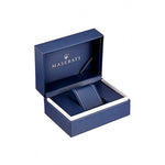 Official packaging box for MASERATI Mod. SFIDA wristwatch, blue with logo, suitable for gifting and storage.