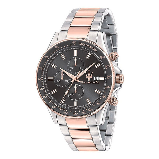 MASERATI Mod. SFIDA wristwatch, 44mm chronograph with silver case, stainless steel two-tone strap, water resistant up to 10 ATM.