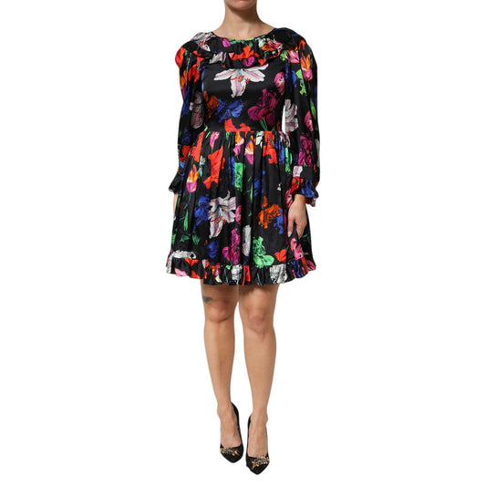 MSGM Dress Black Multicolor Floral Ruffle Long Sleeve Mini Dress