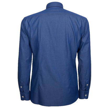 Back view of Made in Italy Blue Cotton Men's Shirt, showcasing long sleeves and button closure, made from 100% cotton for comfort and style.
