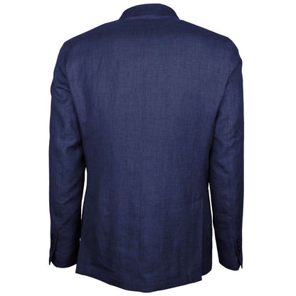 Back view of Made in Italy Blue Linen Blazer with double-breasted design and peaked lapels, crafted from Loro Piana fabric.