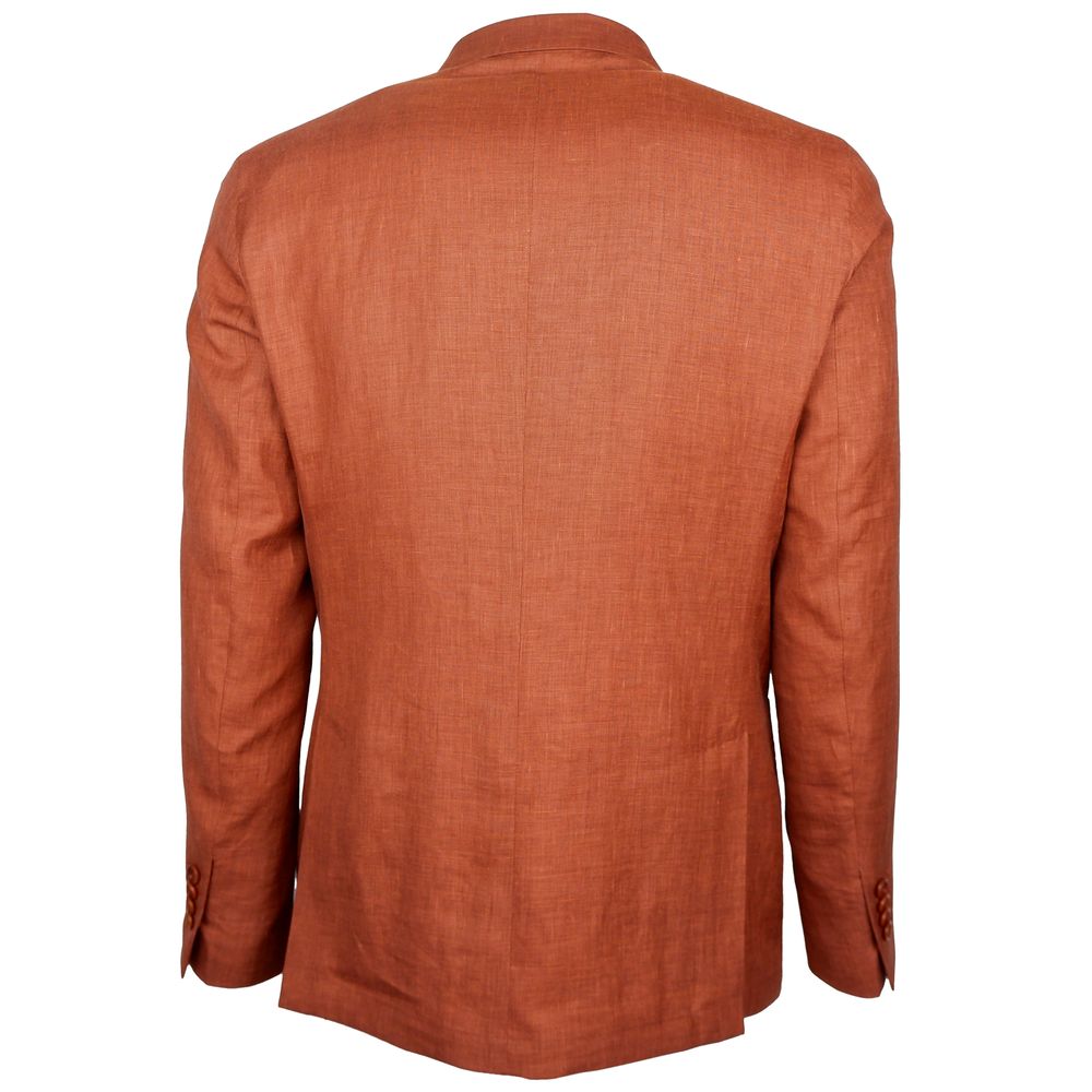 Back view of Made in Italy Brown Linen Blazer in Loro Piana Fabric with peaked lapels and pockets.