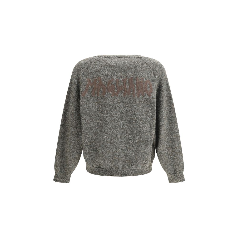 Back view of Magliano Gray Wool Cardigan showing logo detail, crafted from Shetland yarn, AW25 season, with ribbed cuffs and hem.