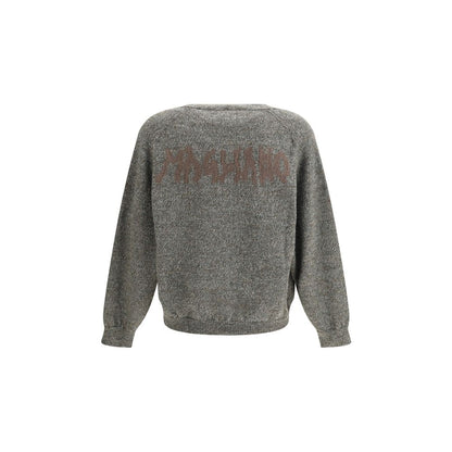 Back view of Magliano Gray Wool Cardigan showing logo detail, crafted from Shetland yarn, AW25 season, with ribbed cuffs and hem.