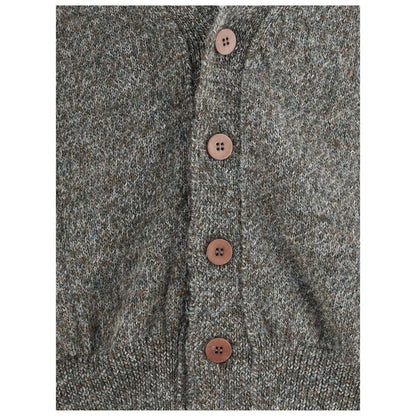Magliano Gray Wool Cardigan with button closure, V-neck, and ribbed design made from Shetland yarn. Front view detailing craftsmanship.