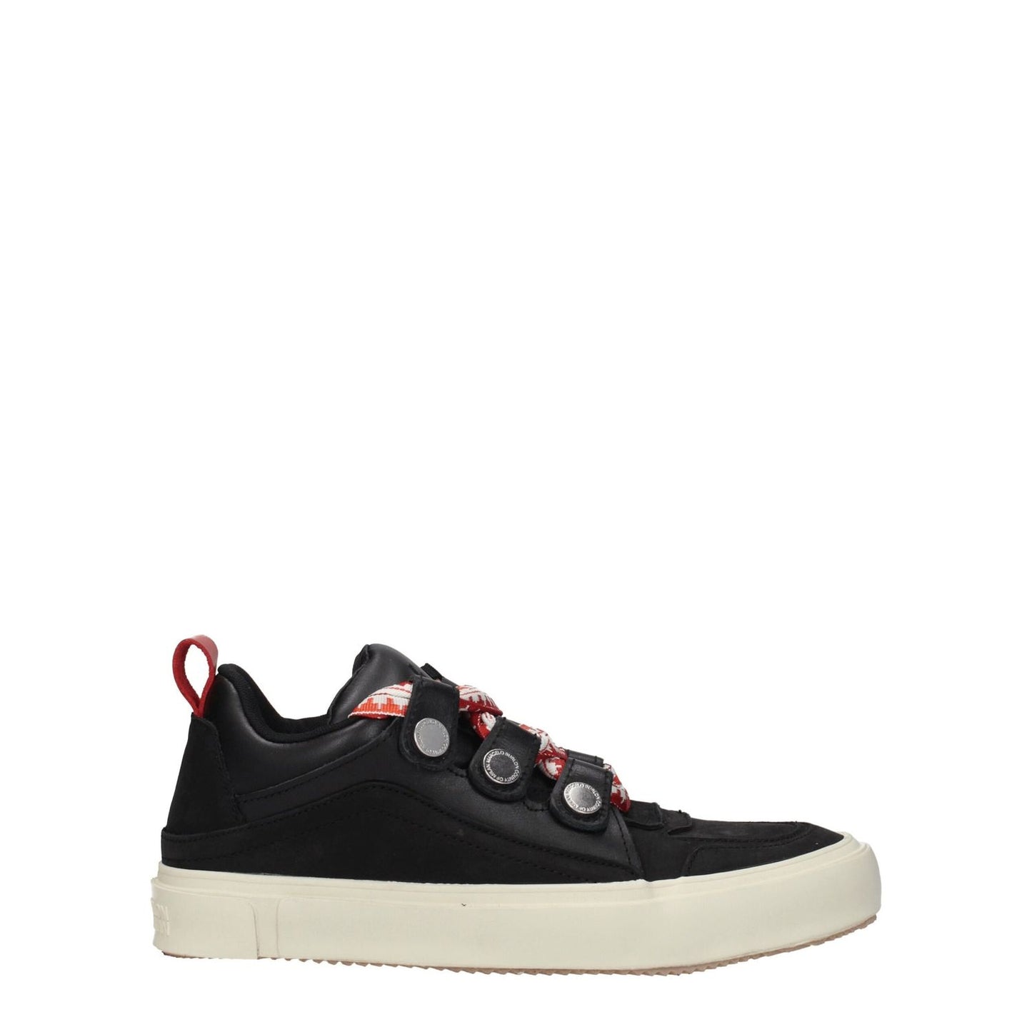 Marcelo Burlon Black Leather Low Top Sneakers with aged effect and red accents, featuring front, side, and back logos.