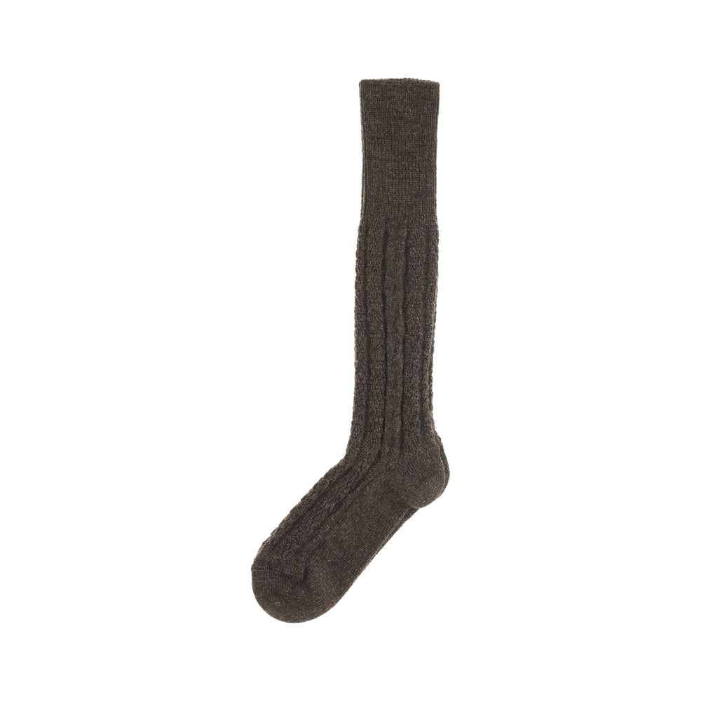 Margiela Black Wool Socks featuring ribbed knit design for warmth and comfort, crafted from 100% virgin wool, perfect for winter season.