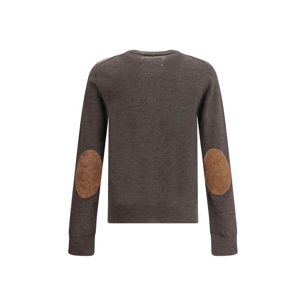 Margiela Brown Wool Sweatshirt with contrast stitching and appliqués, showing ribbed crew neck, cuffs, and hem, made from 100% wool.