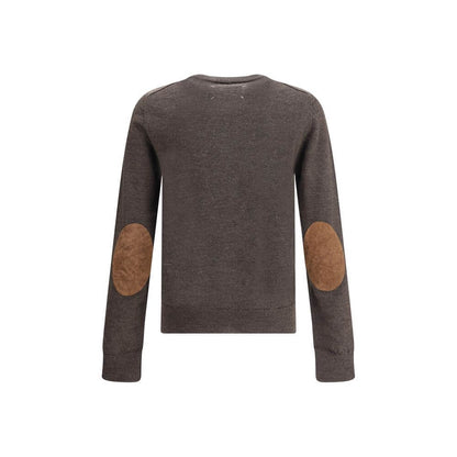 Margiela Brown Wool Sweatshirt with contrast stitching and appliqués, showing ribbed crew neck, cuffs, and hem, made from 100% wool.