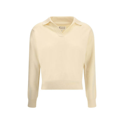 Margiela Cream Fleece Wool Sweater with classic collar and ribbed hem, crafted from 100% virgin wool for elegant and comfortable fit.