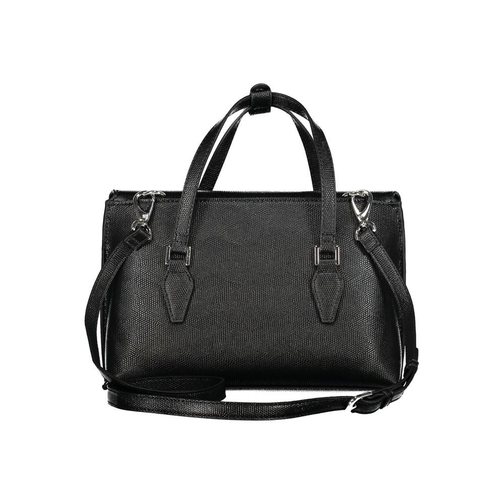 Mario Valentino Black Polyethylene Handbag with handles and adjustable strap, featuring logo, iPad compartment, and phone holder.