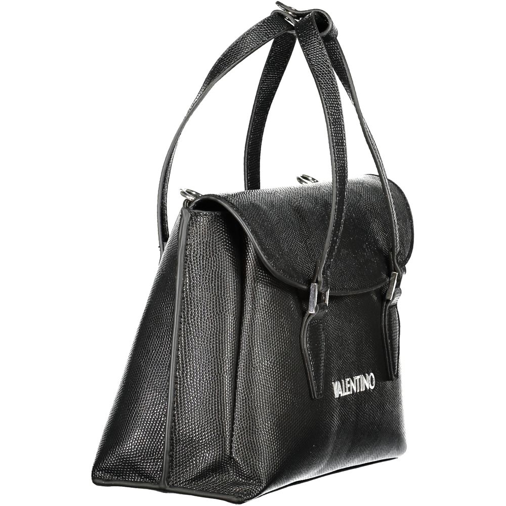 Mario Valentino Black Polyethylene Handbag with adjustable strap, logo, and multiple compartments.