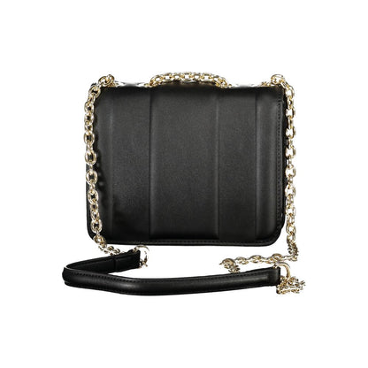 Mario Valentino Black Polyethylene Women Handbag with gold chain highlights, luxury shoulder bag for fashion trendsetters.