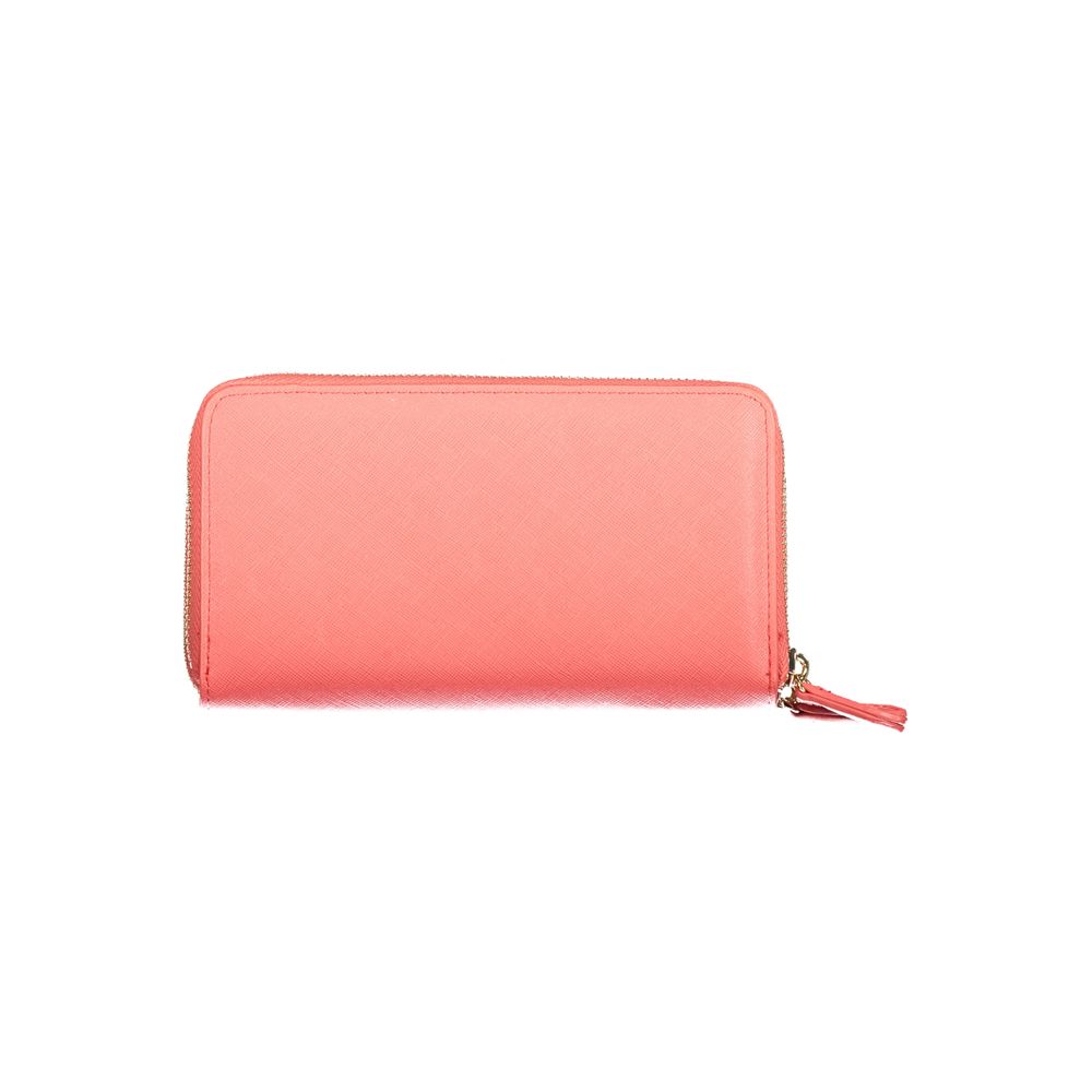 Mario Valentino Pink Polyethylene Wallet with double compartments, card spaces, coin purse, and zip closure.