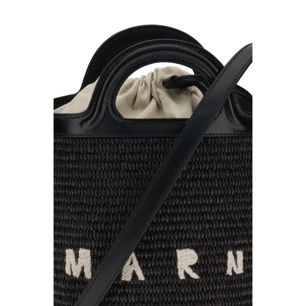 Marni Black Cotton Backet Bag - Sophisticated style with leather trim, double leather handle, and adjustable shoulder strap.
