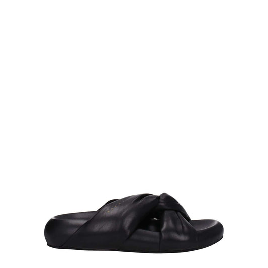 Marni Black Leather Slippers with open toe design, mid heels, and rubber sole, featuring a gold side logo, stylish and casual footwear.