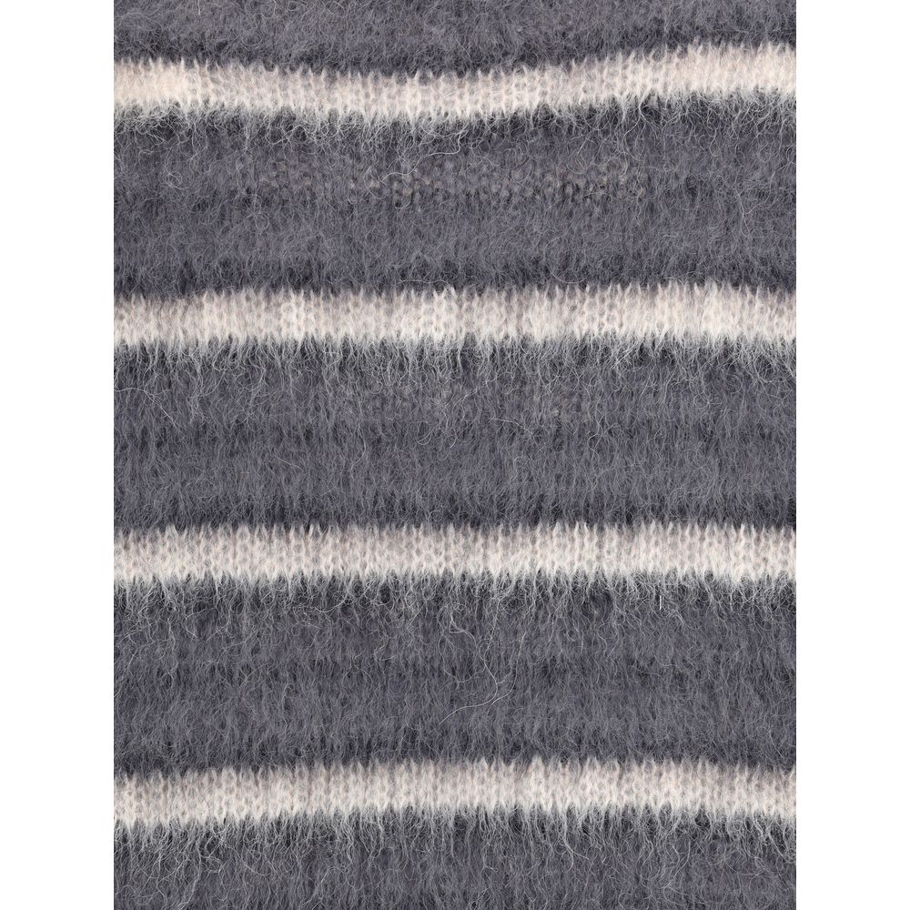 Close-up of Marni Gray Mohair Sweatshirt with a vibrant horizontal stripe pattern, highlighting soft texture and elegant design.
