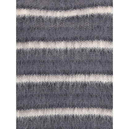 Close-up of Marni Gray Mohair Sweatshirt with a vibrant horizontal stripe pattern, highlighting soft texture and elegant design.