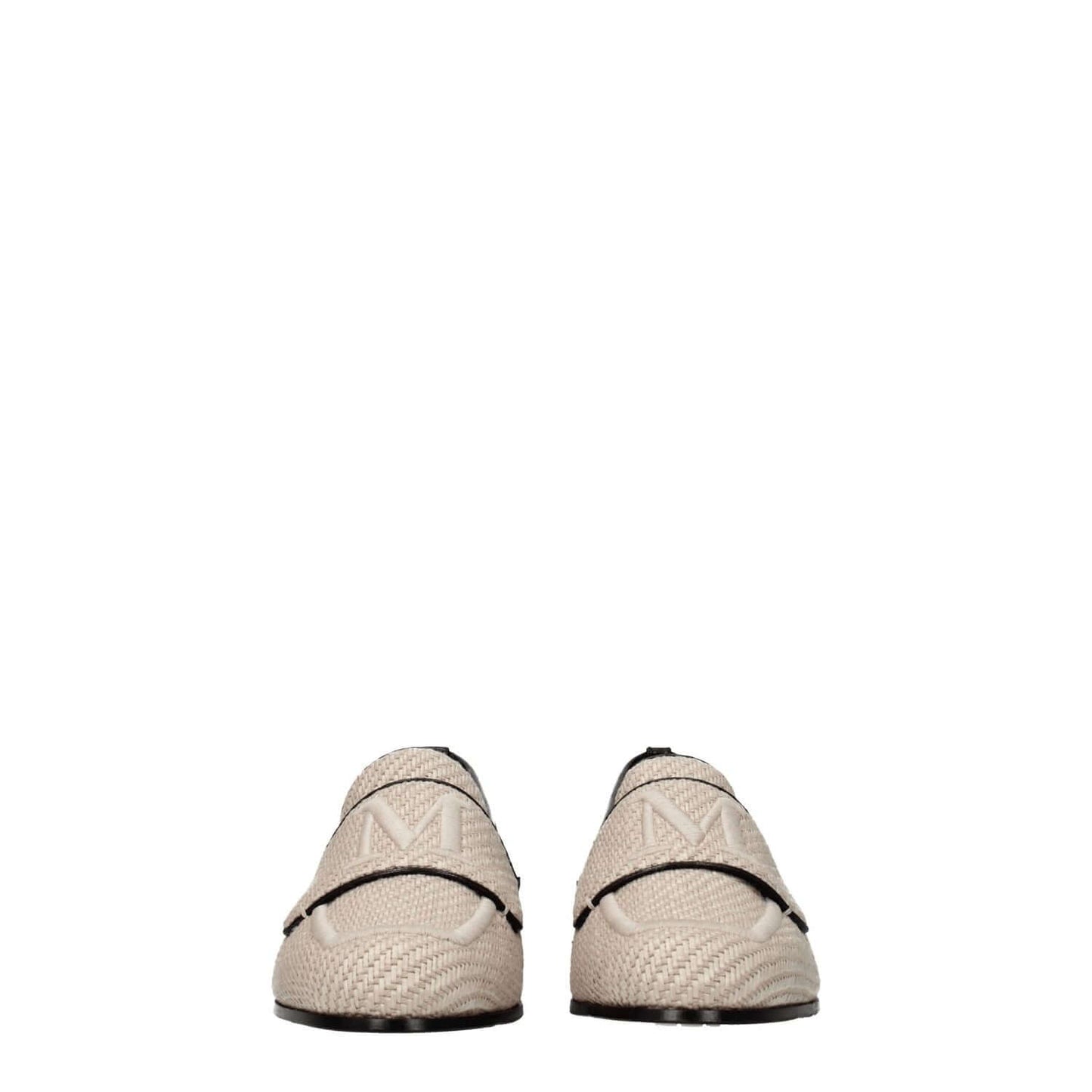 Max Mara Beige Fabric Slip-On Loafers with front logo, leather shoe sole, round toe, flat heel, and hot desert secondary color.