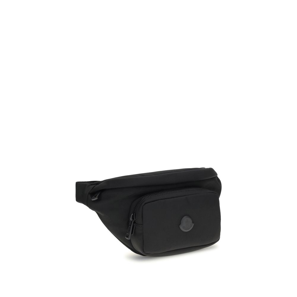 Moncler Black Nylon Clutch Bag with water-repellent design, adjustable belt, and leather trim for secure storage and style.