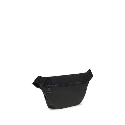 Moncler Black Nylon Clutch Bag with water-repellent nylon and leather trim, adjustable belt, zippered closure, and metal logo.