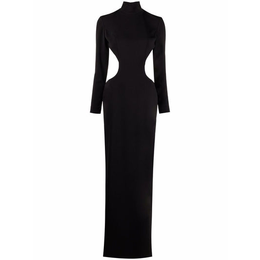 Monot PRE high neck evening dress in black with open back and cut-out detail, long sleeves, floor-length, concealed rear zip, and rear slit.