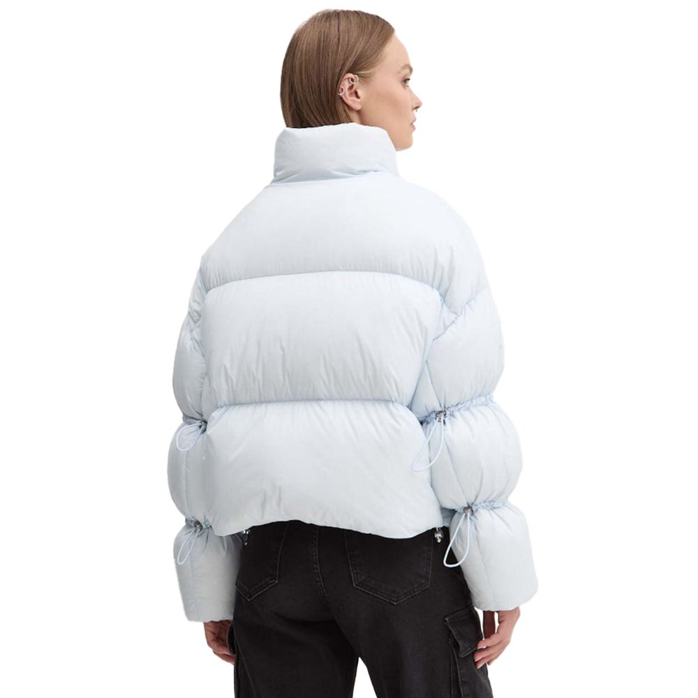 Moose Knuckles Light Blue Nylon Women Jacket with drawstring sleeves for stylish warmth, back view highlighting cozy design.